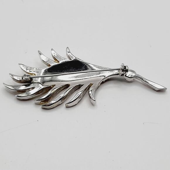 Pell Feather Leaf Brooch Green Baguette Rhinestone Vintage Rhodium 3" - Picture 7 of 8